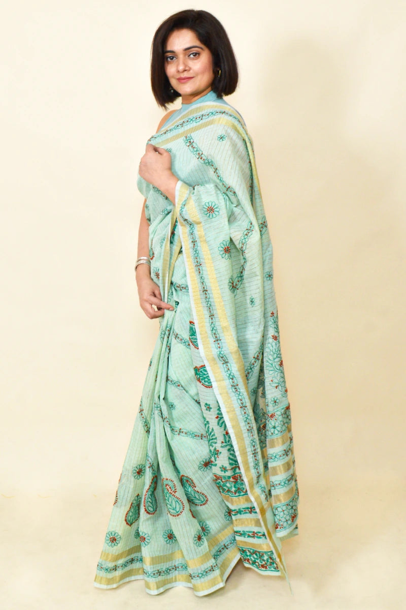 Pista Green Colour Chanderi Cotton Lucknowi Chikankari Saree With Blouse