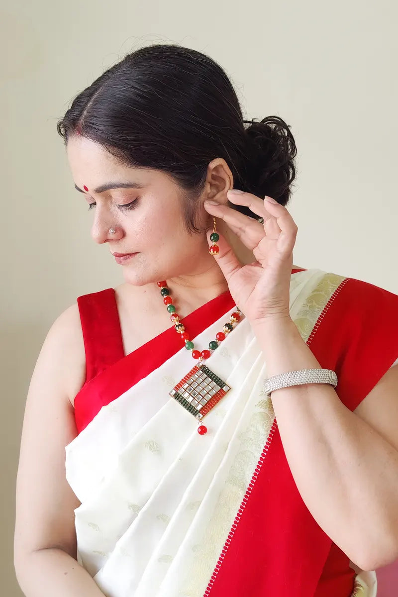 Red & Green Color Beaded  Neckpiece Stone Plated Pendant With Dangle Earrings