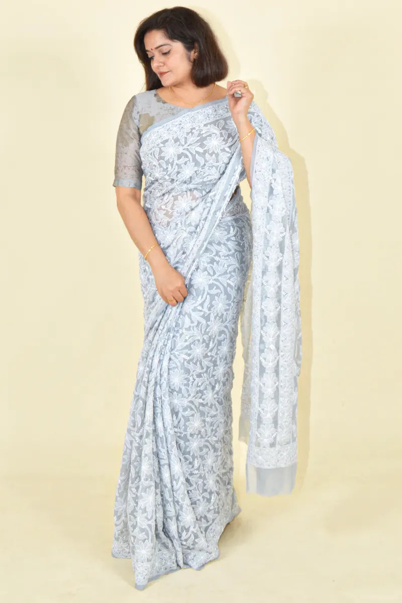 Fabnuma Handcrafted Gray Georgette Chikankari Saree-Blouse