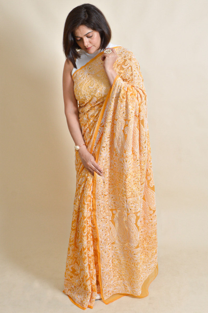 Orange Colour Georgette Lucknowi Chikankari Saree With Blouse