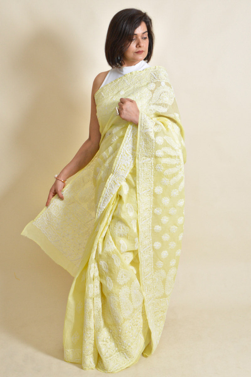 Lemon Colour Cotton Lucknowi Chikankari Saree Wth Blouse