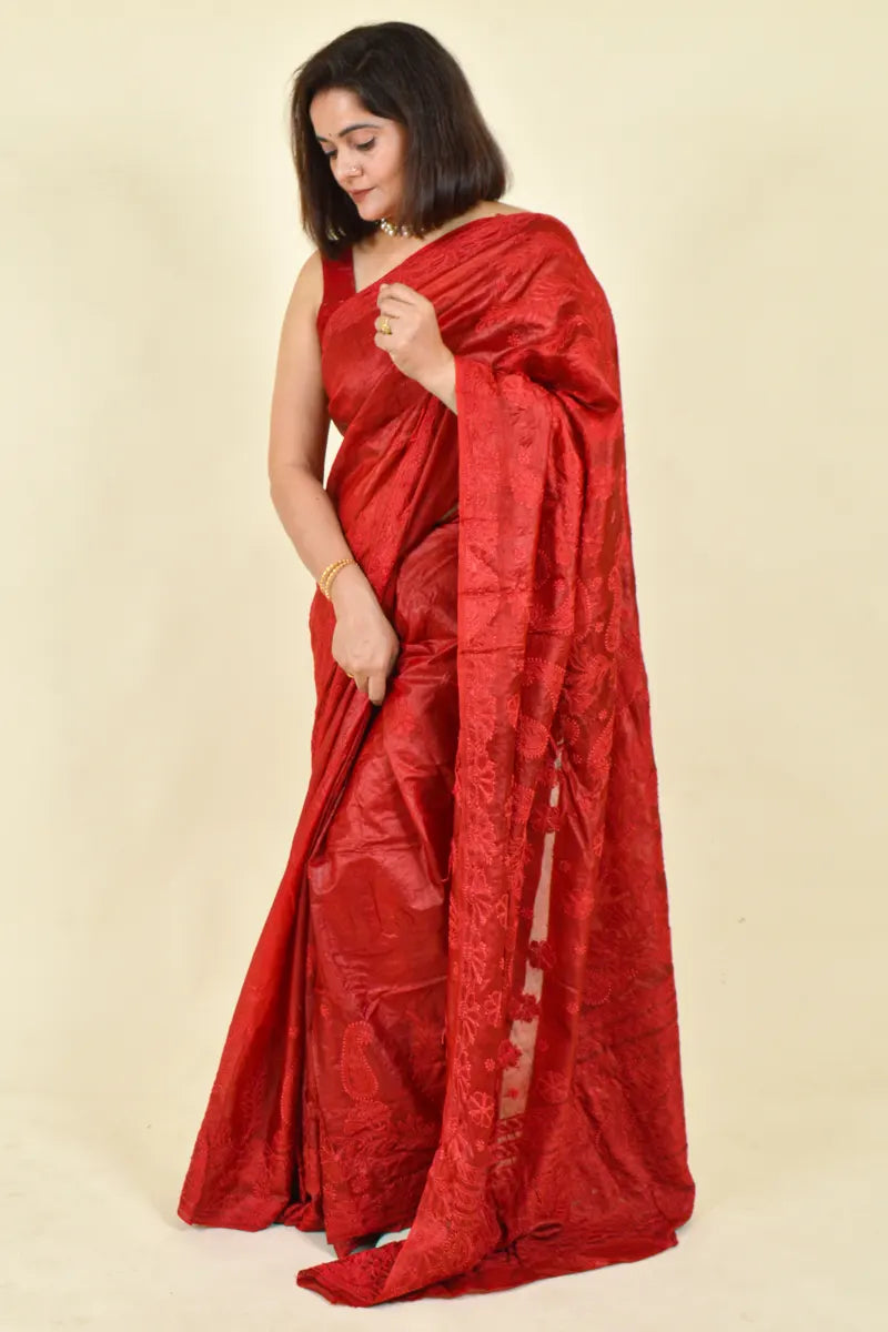 Red Colour Chanderi Lucknowi Chikankari Saree With Blouse