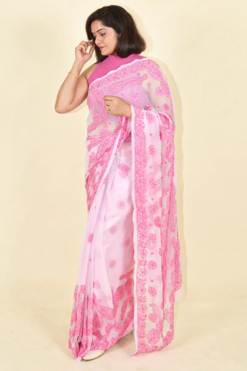 Pink Colour Georgette  Lucknowi Chikankari Saree With Blouse