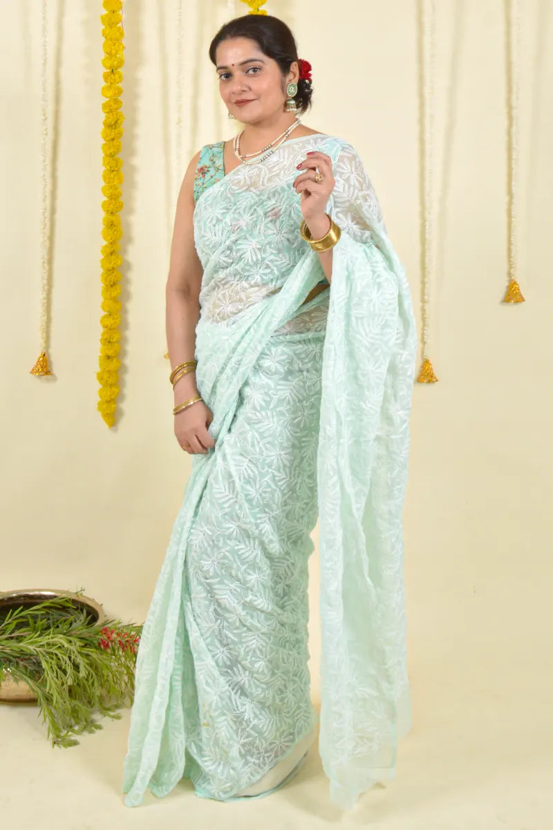 Mint Green Colour Georgette Lucknowi Chikankari Saree With Blouse