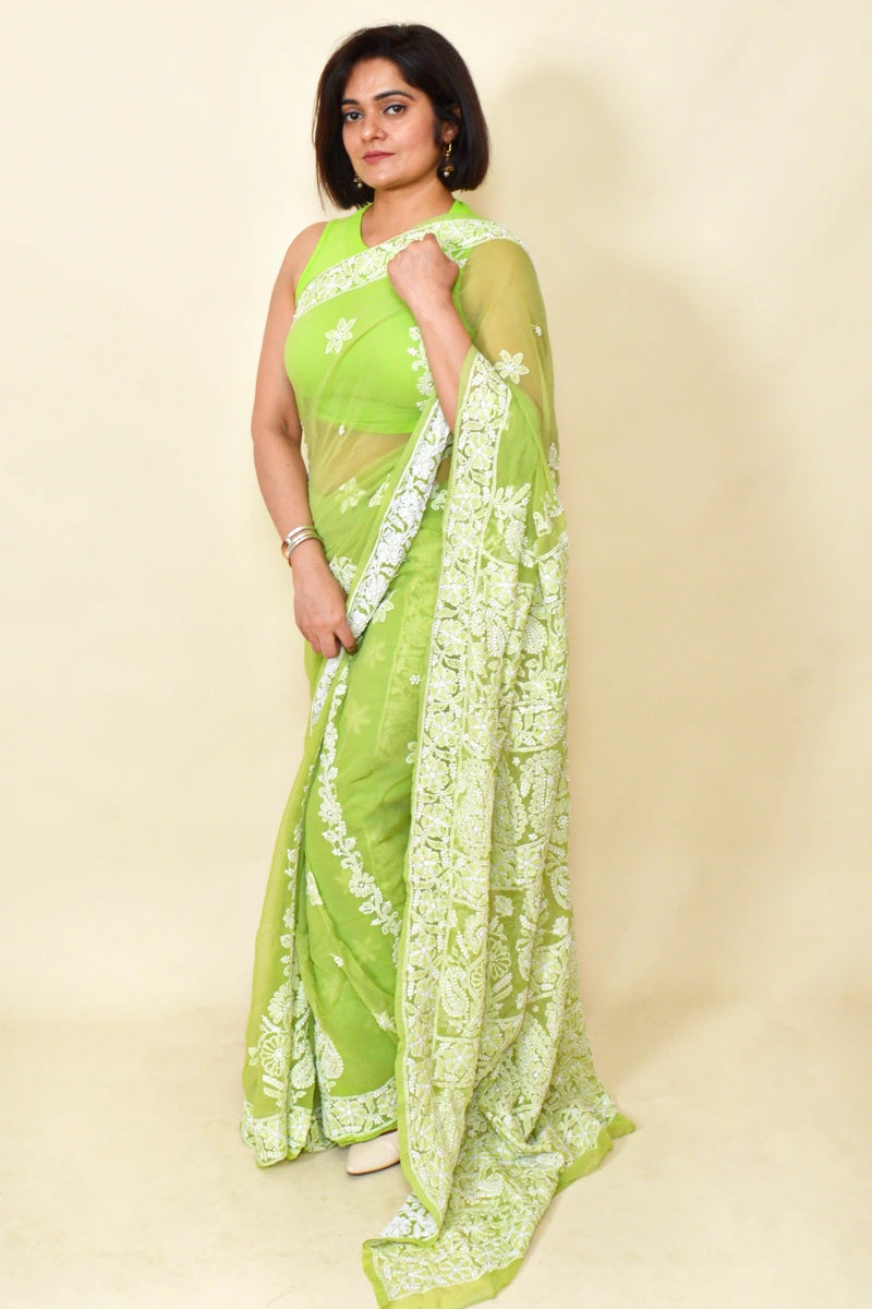 Green Colour Georgette Lucknowi Chikankari Saree With Blouse