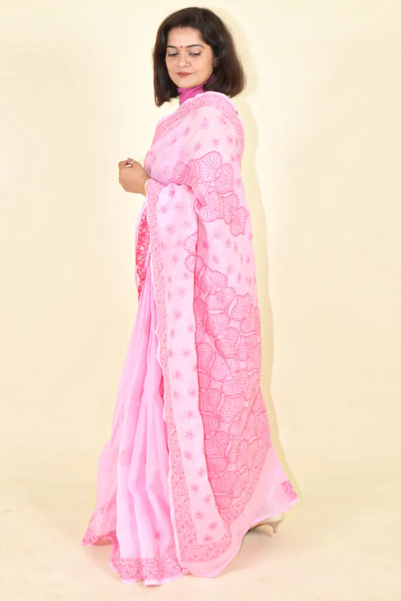 Pink Colour Cotton Lucknowi Chikankari Saree With Blouse