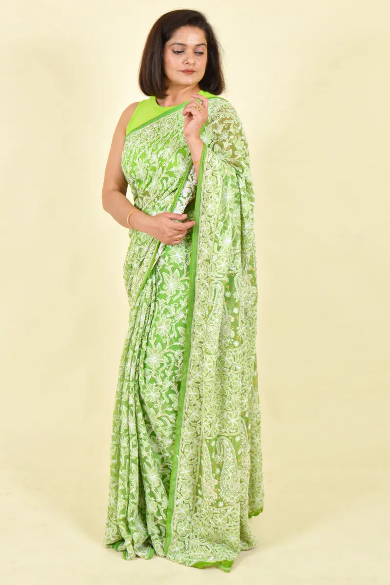 Green Colour Georgette Lucknowi Chikankari Saree With Blouse