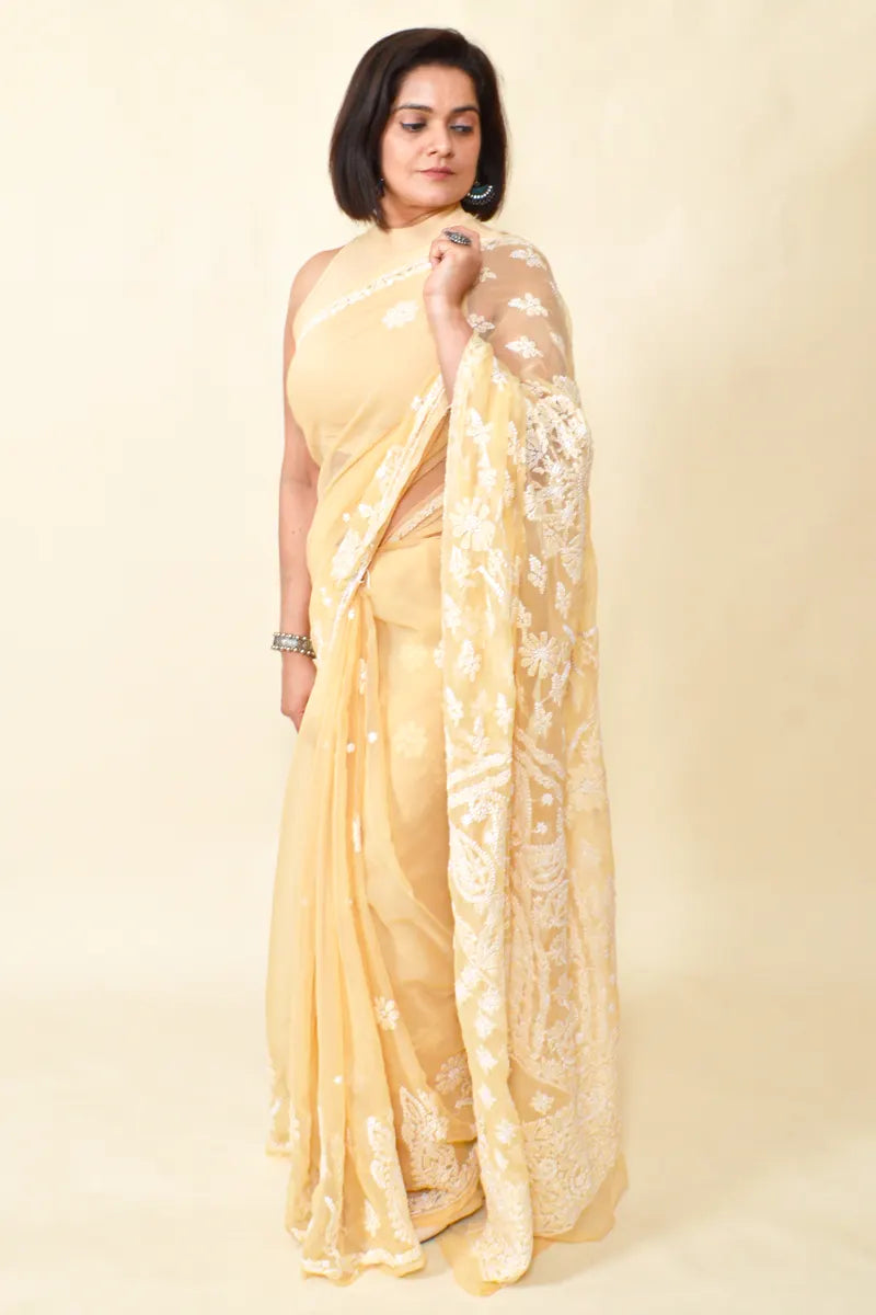 Fawn Colour Georgette Lucknowi Chikankari Saree With Blouse