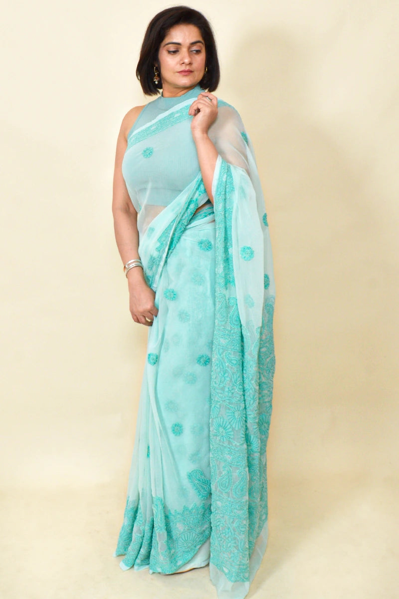 Aqua Green Colour Georgette Lucknowi Chikankari Saree With Blouse