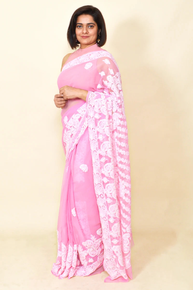 Pink Colour Georgette Lucknowi Chikankari Saree With Blouse