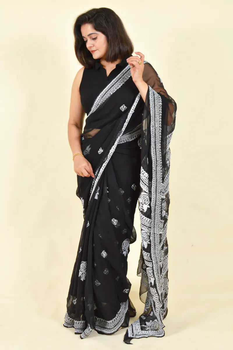 Black Colour Georgette Lucknowi Chikankari Saree With Blouse