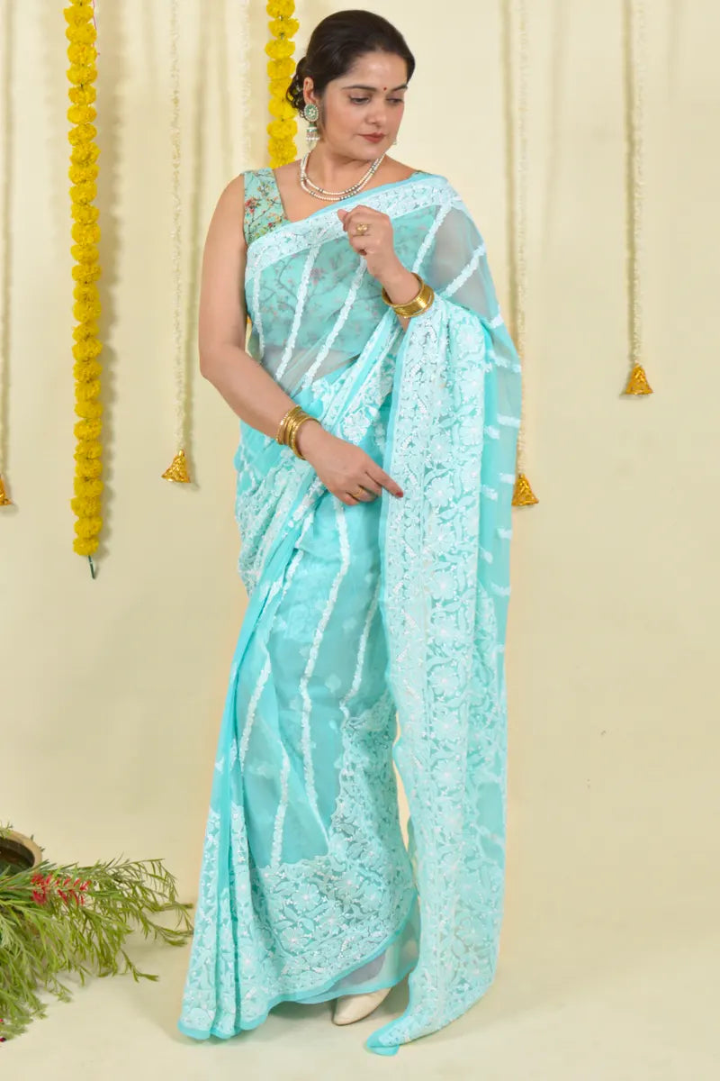 Fabnuma Handcrafted Sea Green Georgette Chikankari Saree-Blouse