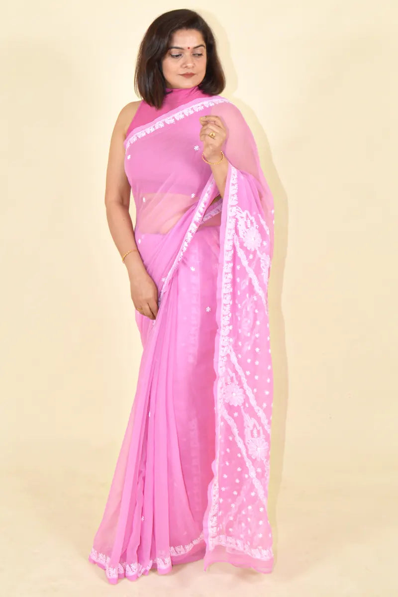 Pink Colour Georgette Lucknowi Chikankari Saree With Blouse