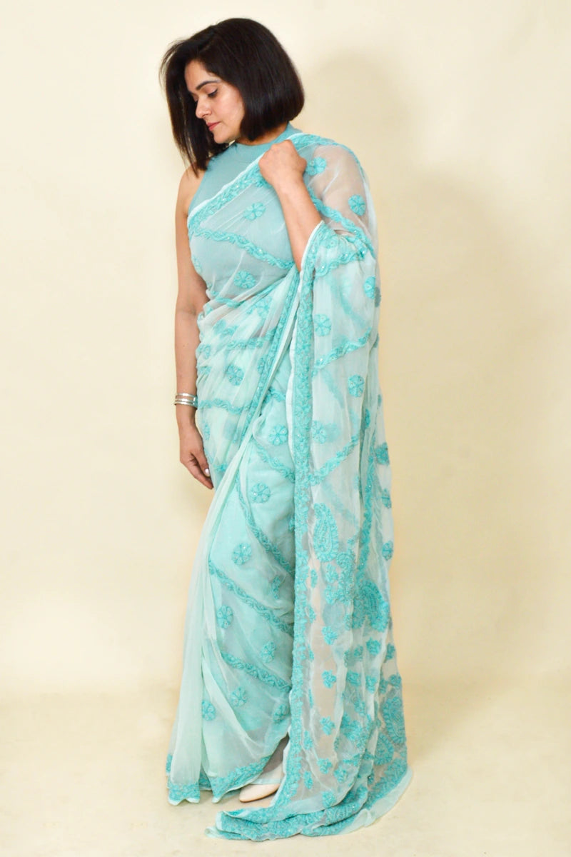 Sky Blue  Colour Georgette Lucknowi Chikankari Saree With Blouse