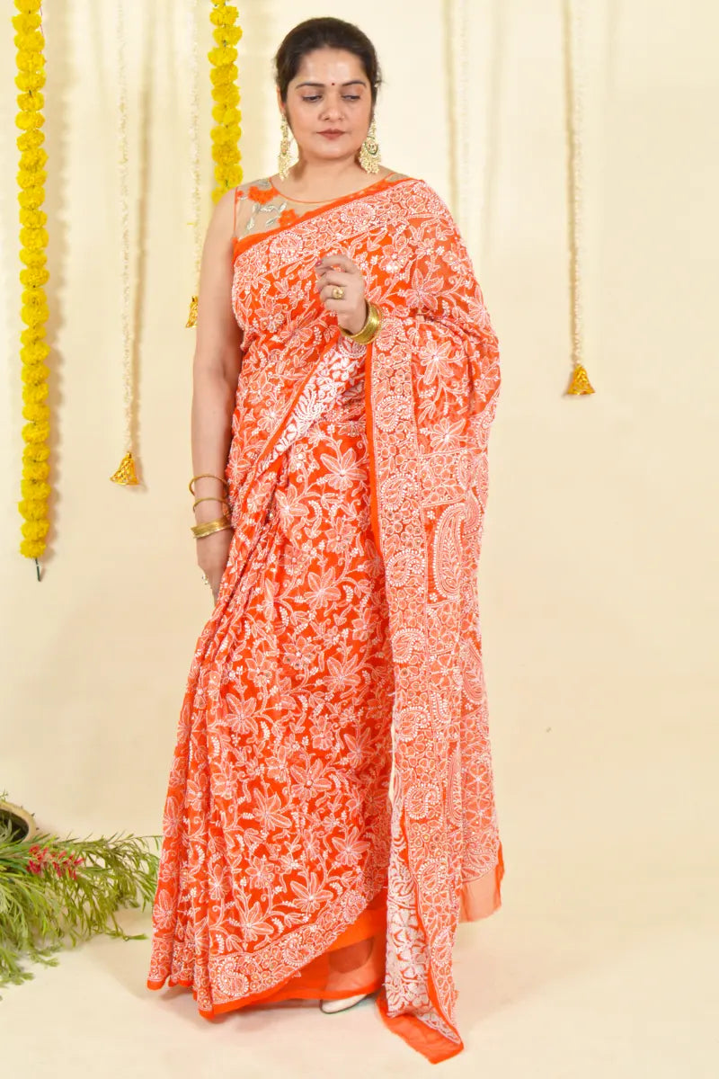 Orange Colour Georgette  Lucknowi Chikankari Saree With Blouse