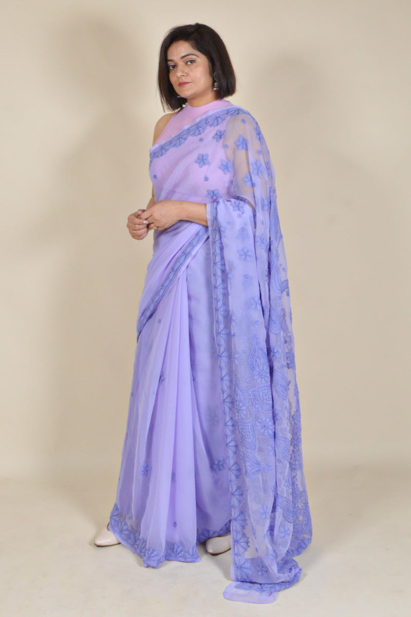Lavender Colour Georgette Lucknowi Chikankari Saree With Blouse