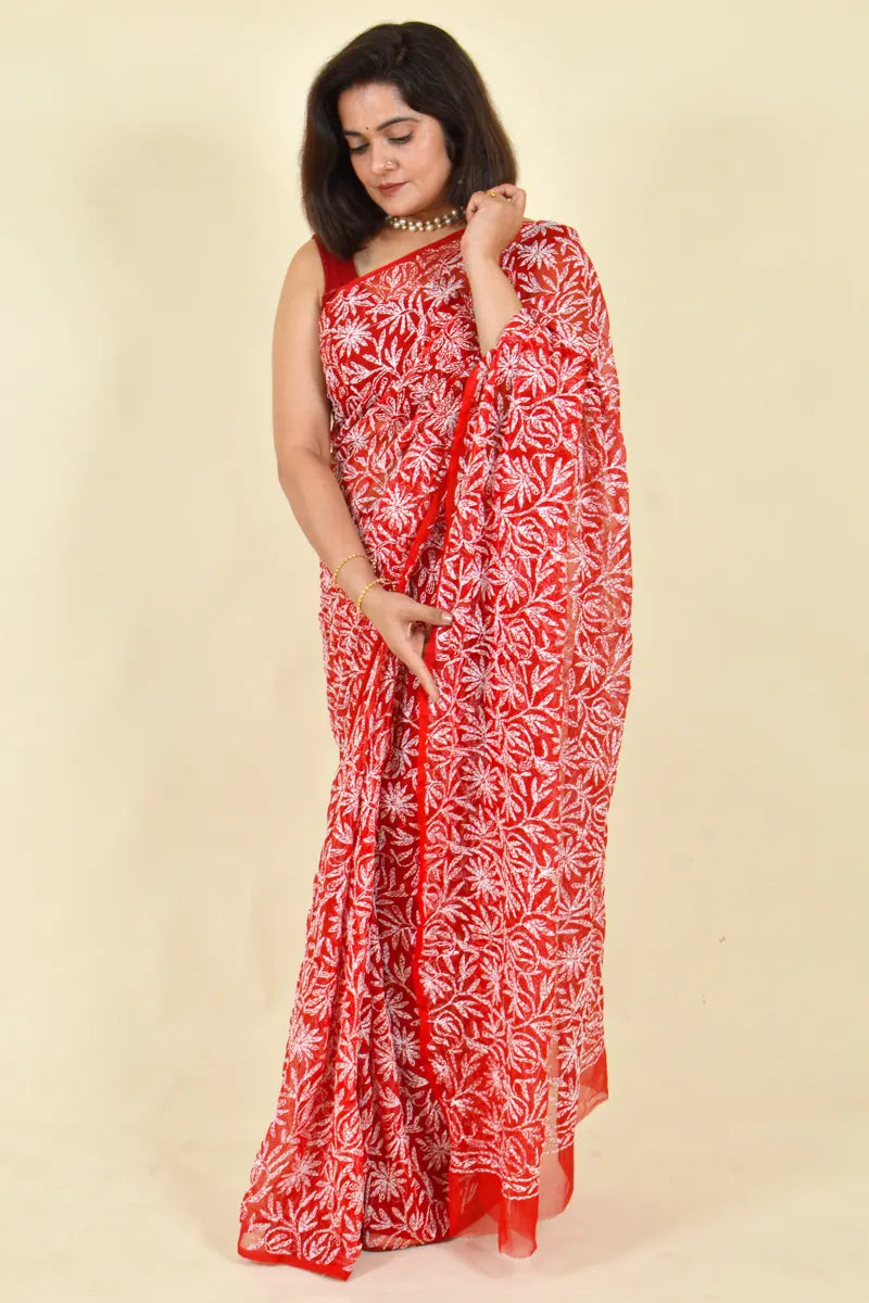 Red Colour Georgette Lucknowi Chikankari Saree With Blouse