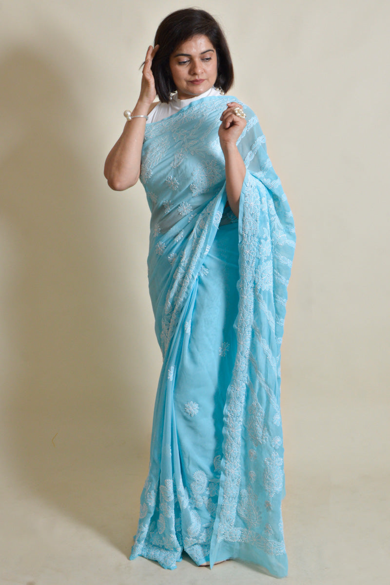 Sky Blue Colour Georgette Lucknowi Chikankari Saree With Blouse