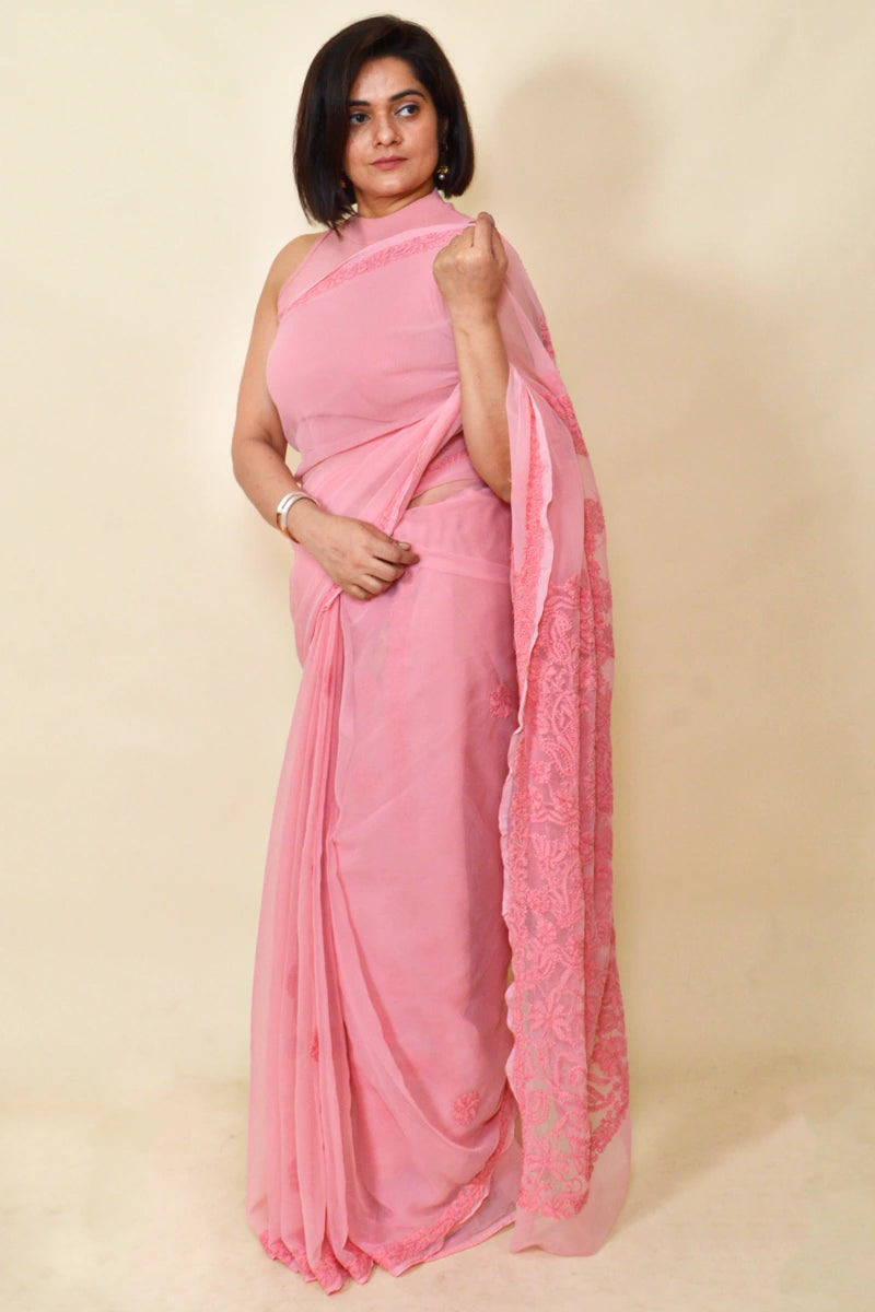 Peach Colour Georgette Lucknowi Chikankari Saree With Blouse