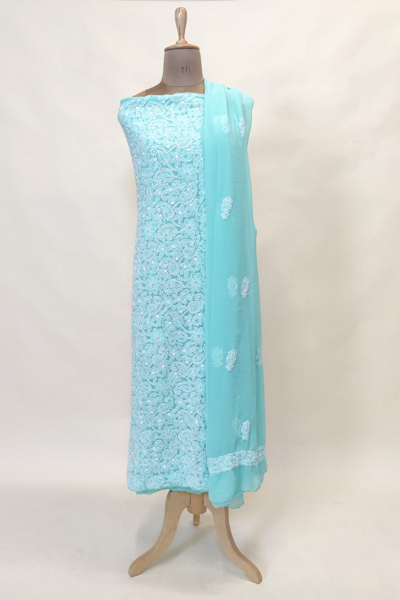 Sea Green Colour Georgette Lucknowi Chikankari 3pcs Unstiched Suit Set