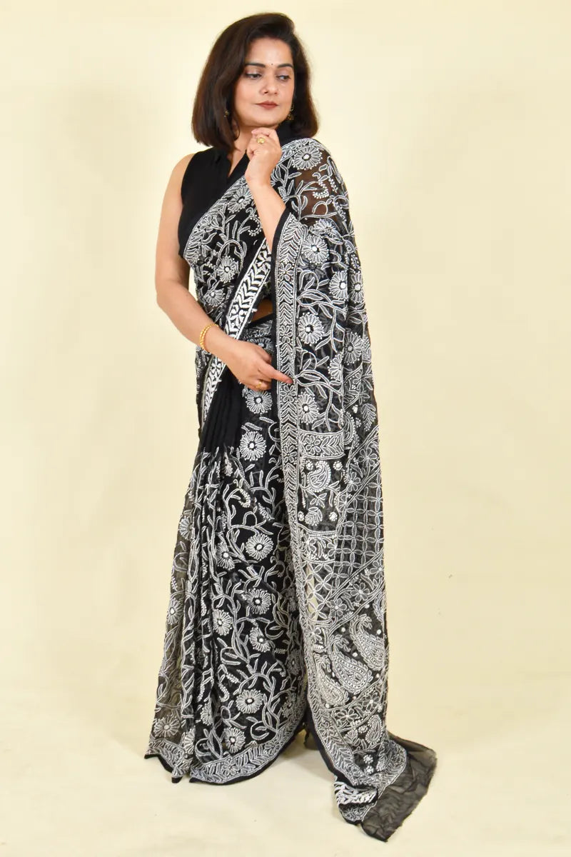 Black Colour Georgette Lucknowi Chikankari Saree With Blouse