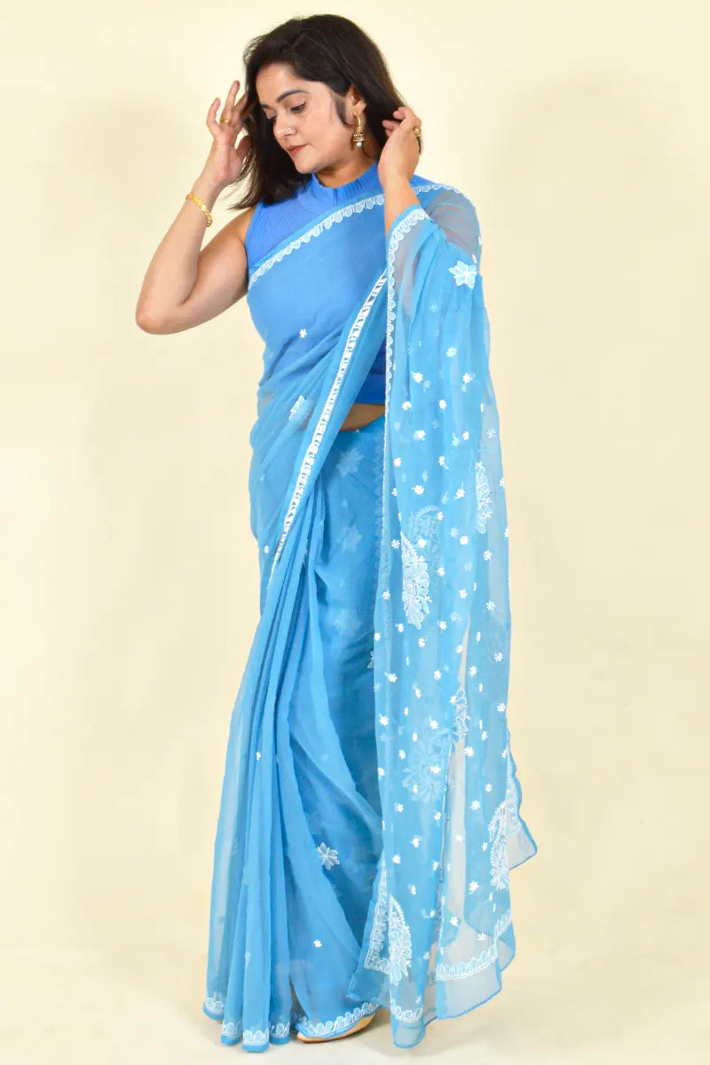 Aqua Blue Colour Lucknowi Chikankari Saree With Blouse