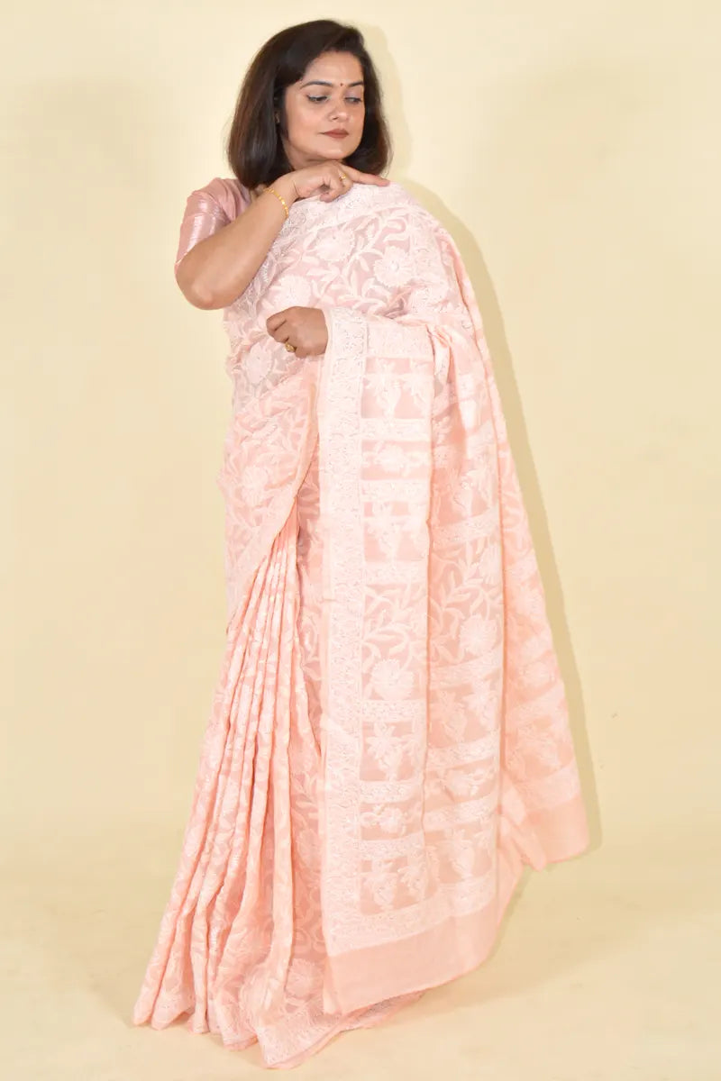 Peach Colour Cotton  Lucknowi Chikankari Saree With Blouse