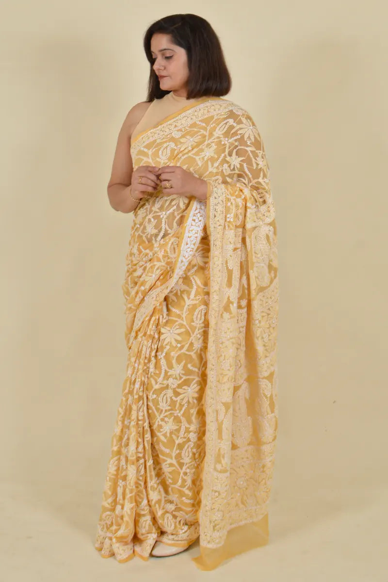 Fawn Colour Georgette Lucknowi Chikankari  Saree With Blouse