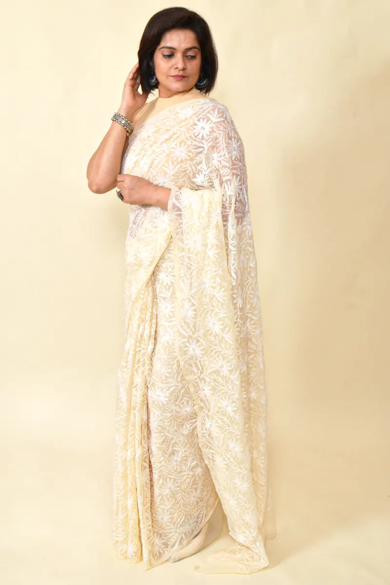 Beige Colour Georgette Tepchi Work Lucknowi Chikankari Saree With Blouse