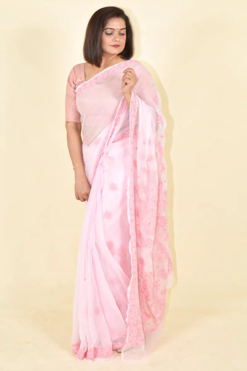 Fabnuma Handcrafted Pink Georgette Chikankari Saree-Blouse