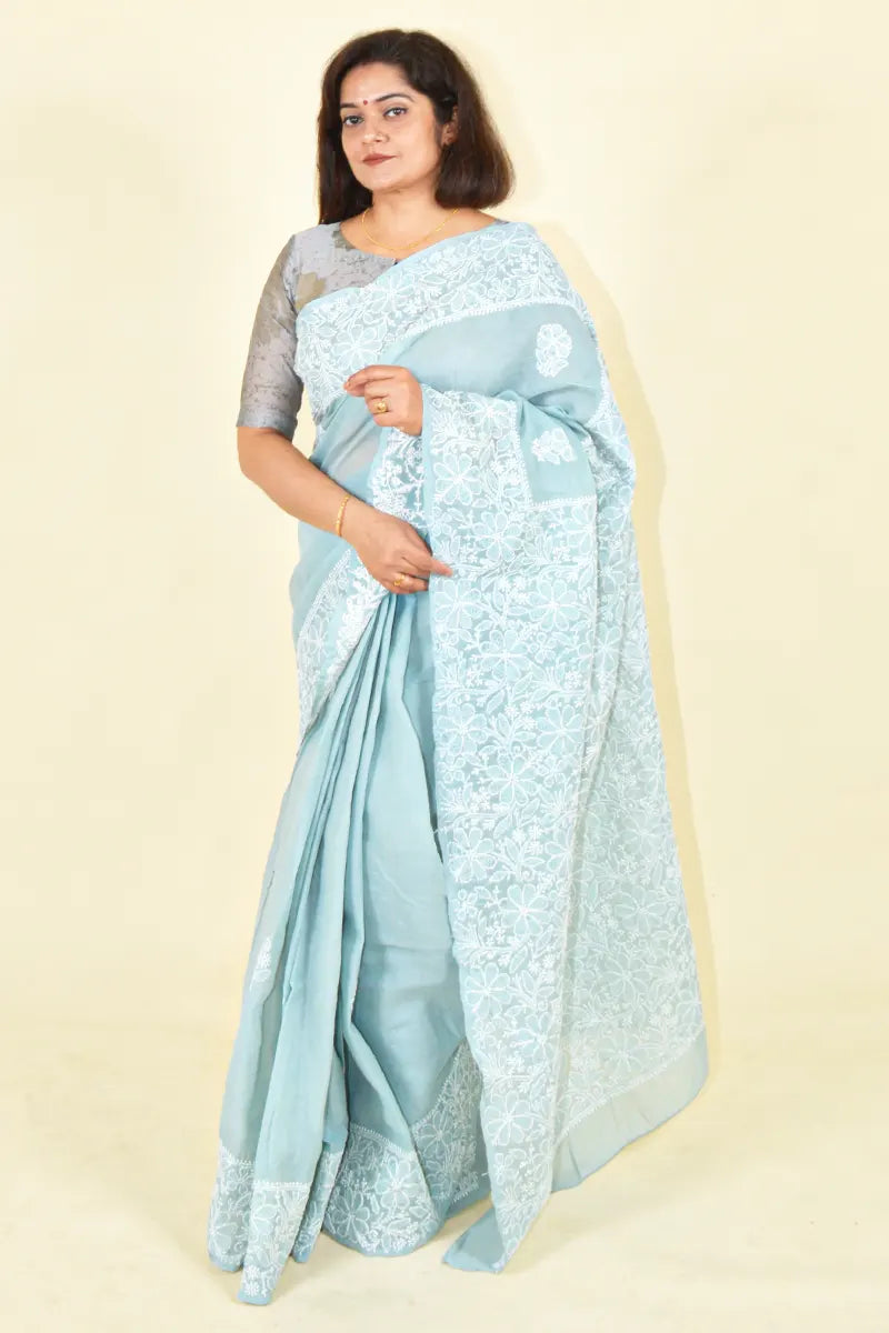 Bluesh Gray Colour Cotton Lucknowi Chikankari Saree With Blouse