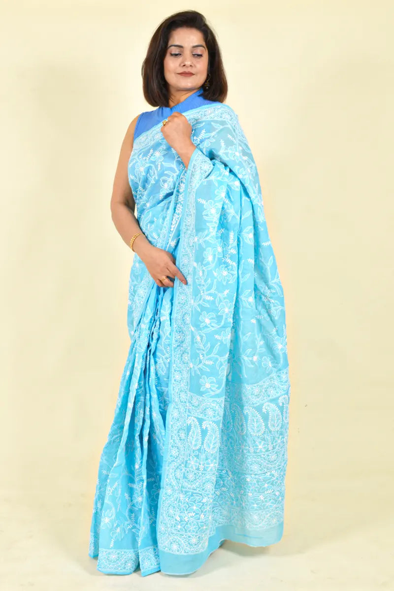 Sky Blue Colour Cotton Lucknowi Chikankari Saree With Blouse