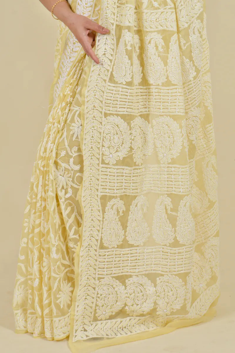 Lemon Colour Georgette Lucknowi Chikankari Saree With Blouse