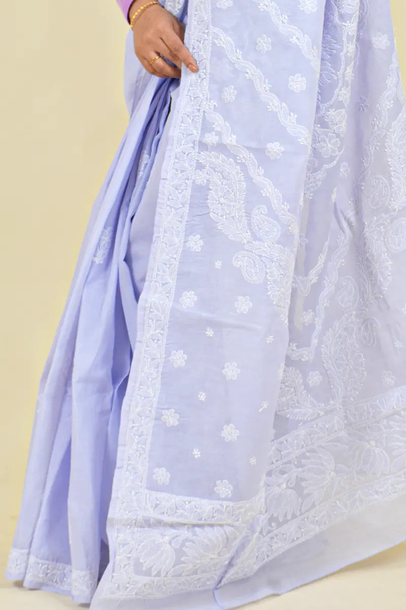 Lavender Colour Cotton Lucknowi Chikankari Saree With Blouse