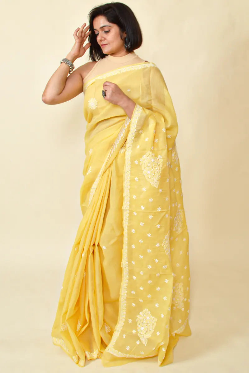 Yellow Colour Cotton Lucknowi Chikankari Saree With Blouse