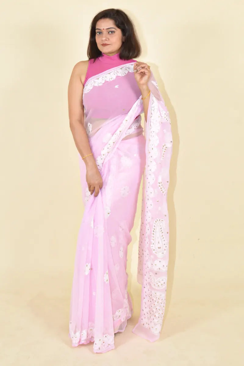 Pink Colour Georgette  Lucknowi Chikankari Saree With Blouse