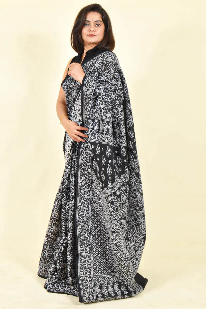 Black Colour Cotton Lucknowi Chikankari Saree With Blouse