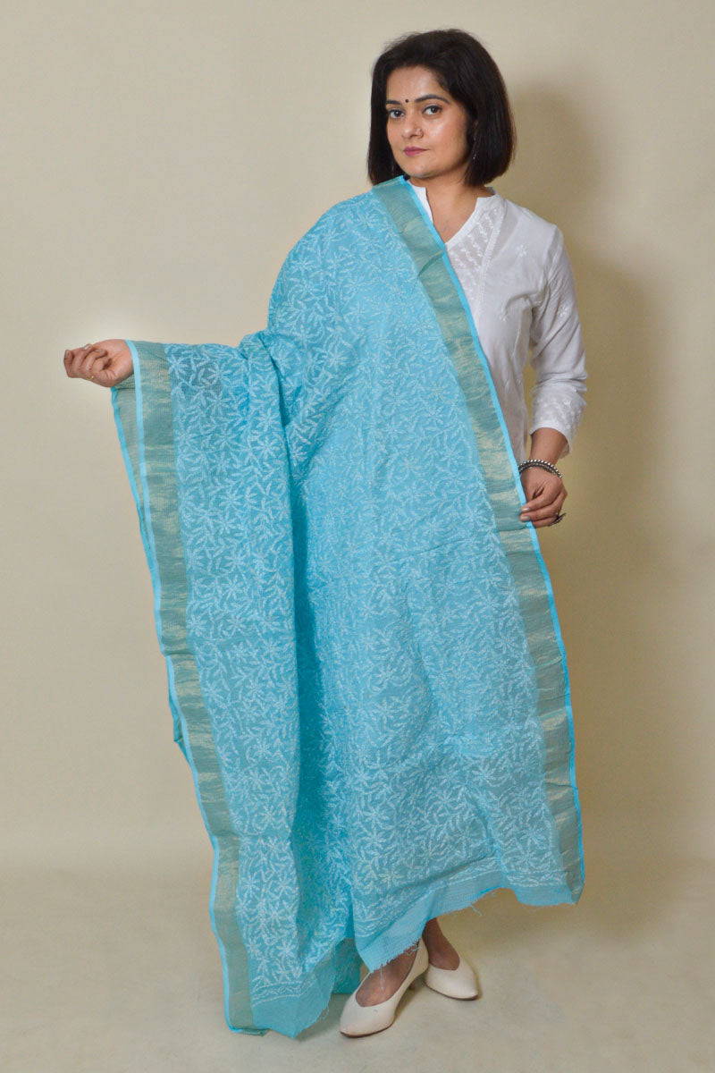 Sky Blue Color Kota Cotton Lucknowi Chikankari Dupatta