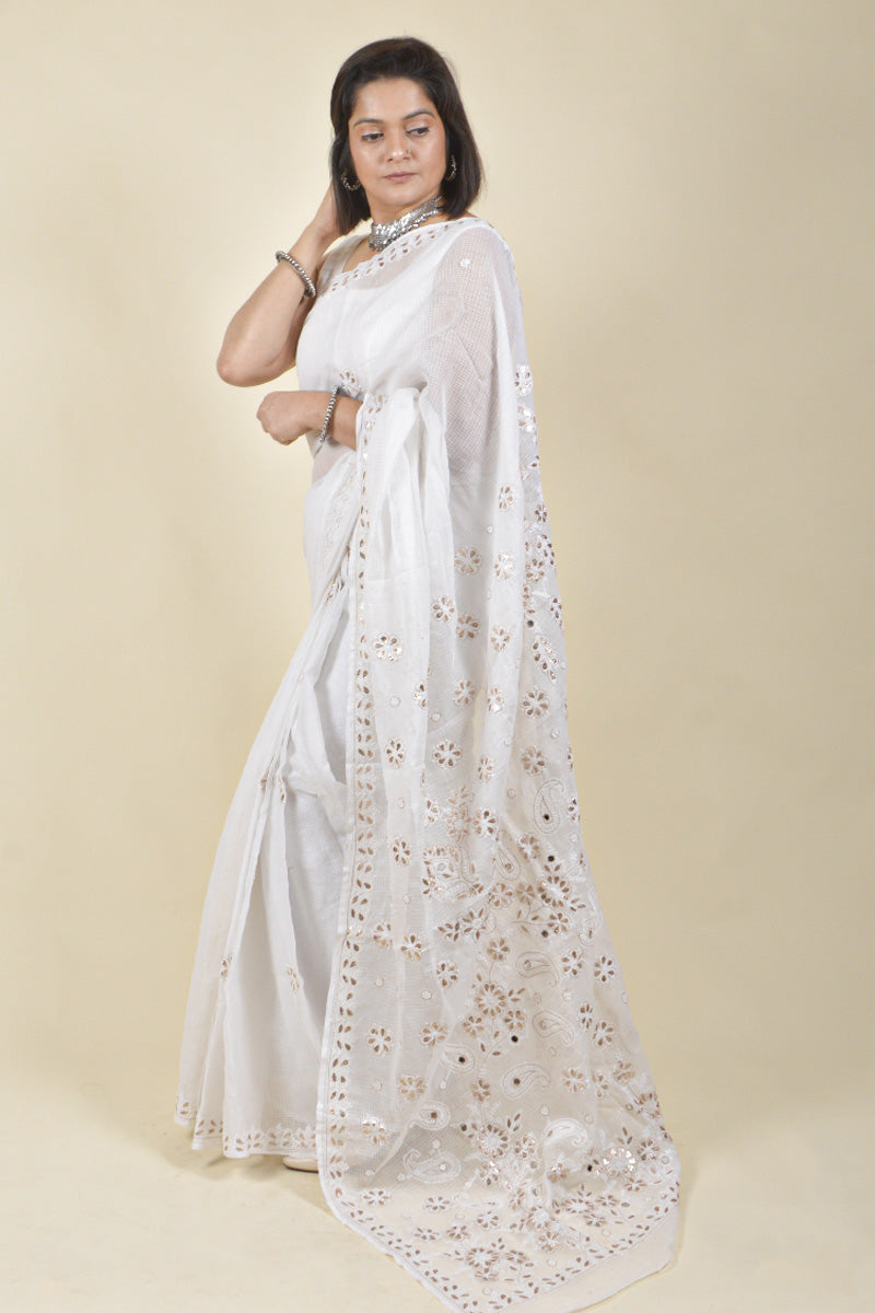 White Color Kota Cotton Lucknowi  Chikankari Saree with Blouse