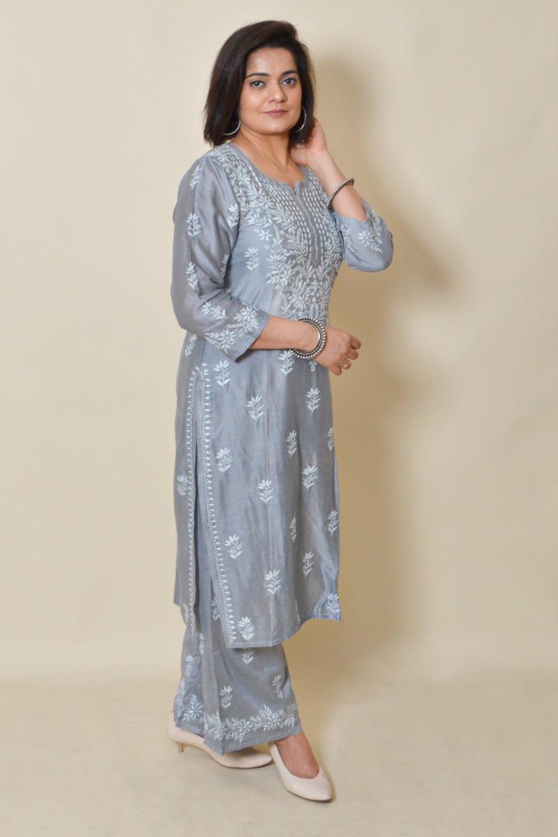 Gray Color Muslin Silk Lucknowi Chikankari Kurta Bottom Set