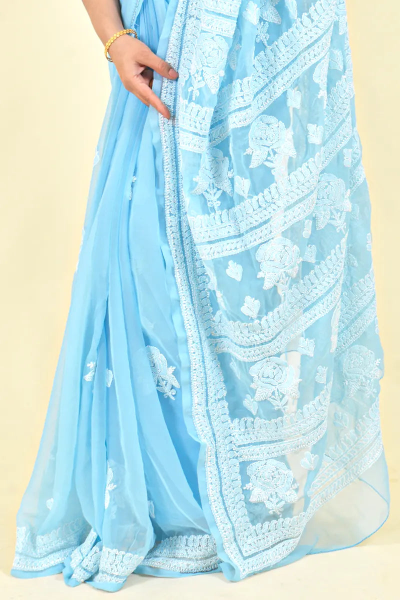 Sky Blue Georgette Lucknowi Chikankari Saree With Blouse