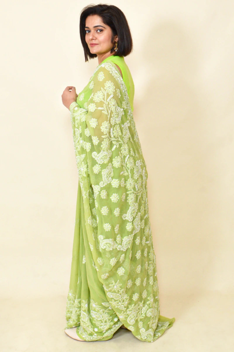 Green Colour Georgette Lucknowi Chikankari Saree With Blouse