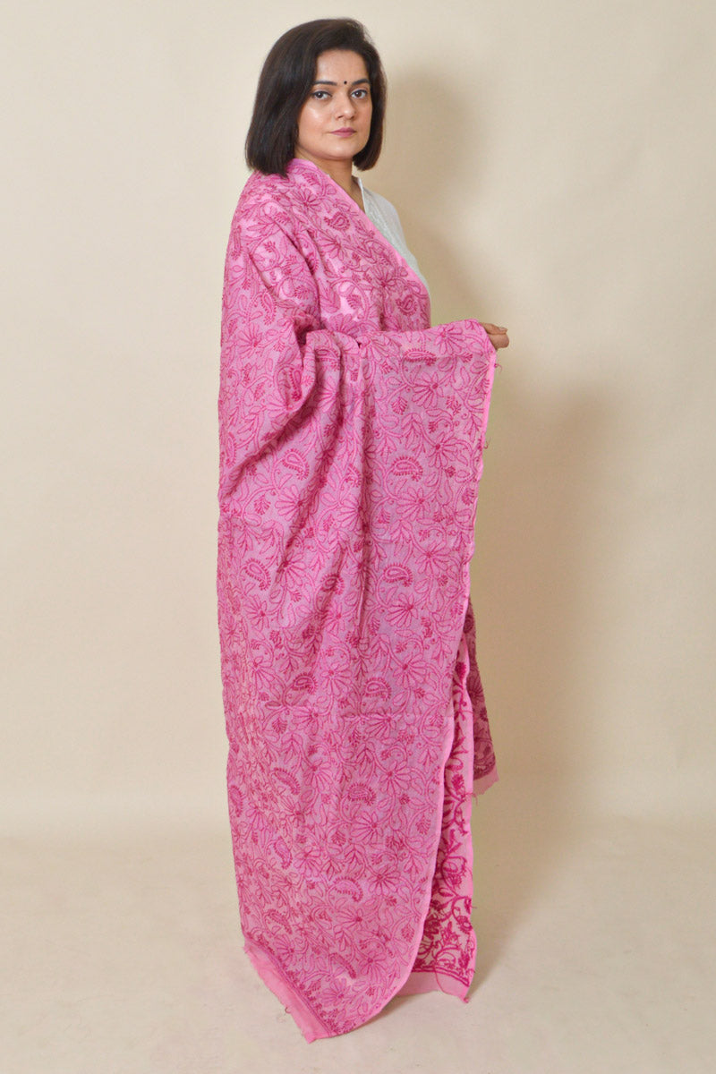 Pink color cotton Allover  Lucknowi Chikankari Dupatta