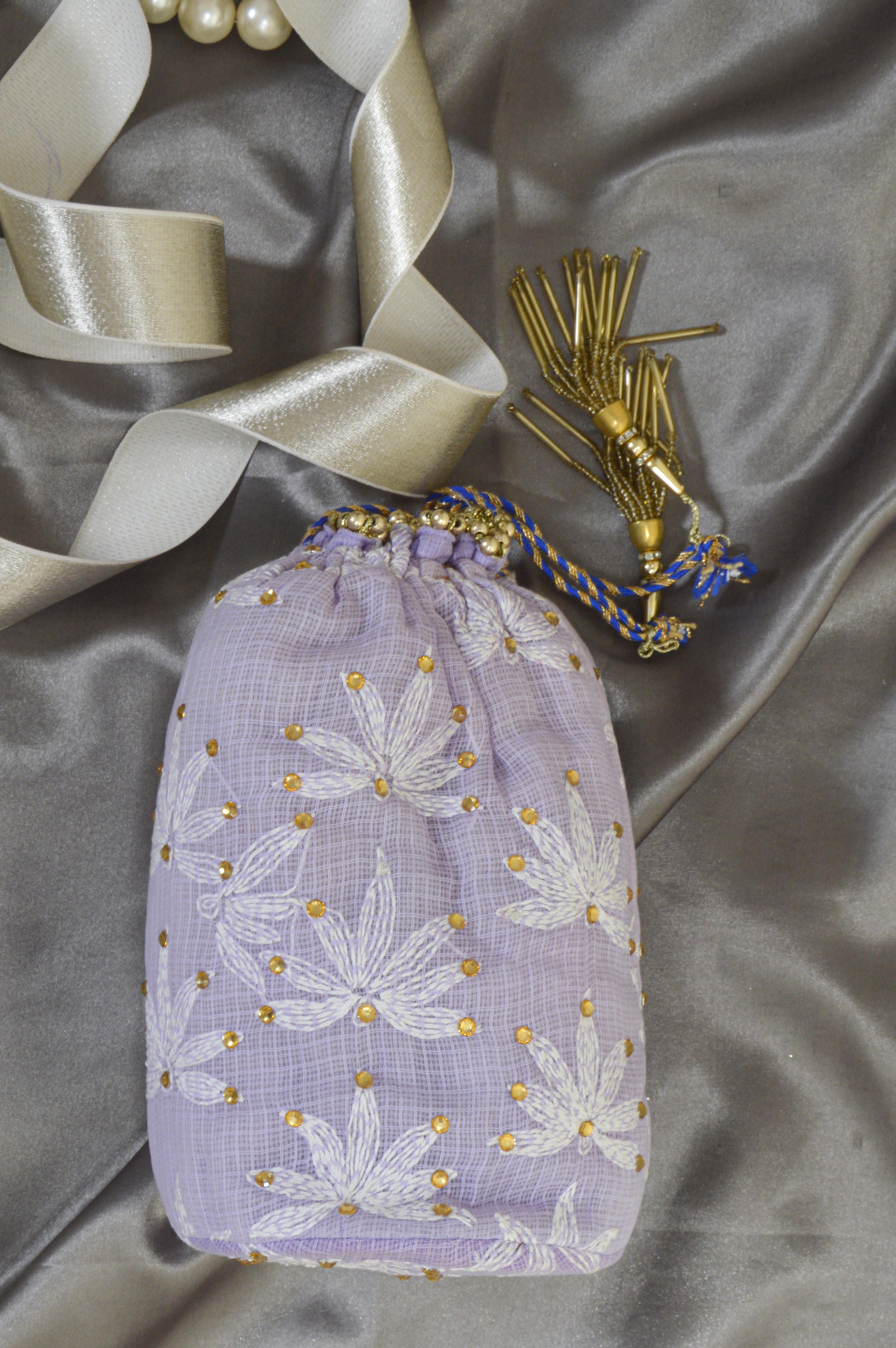 Lavender Color Hand Embroidered Lucknowi Chikankari Potli Bag