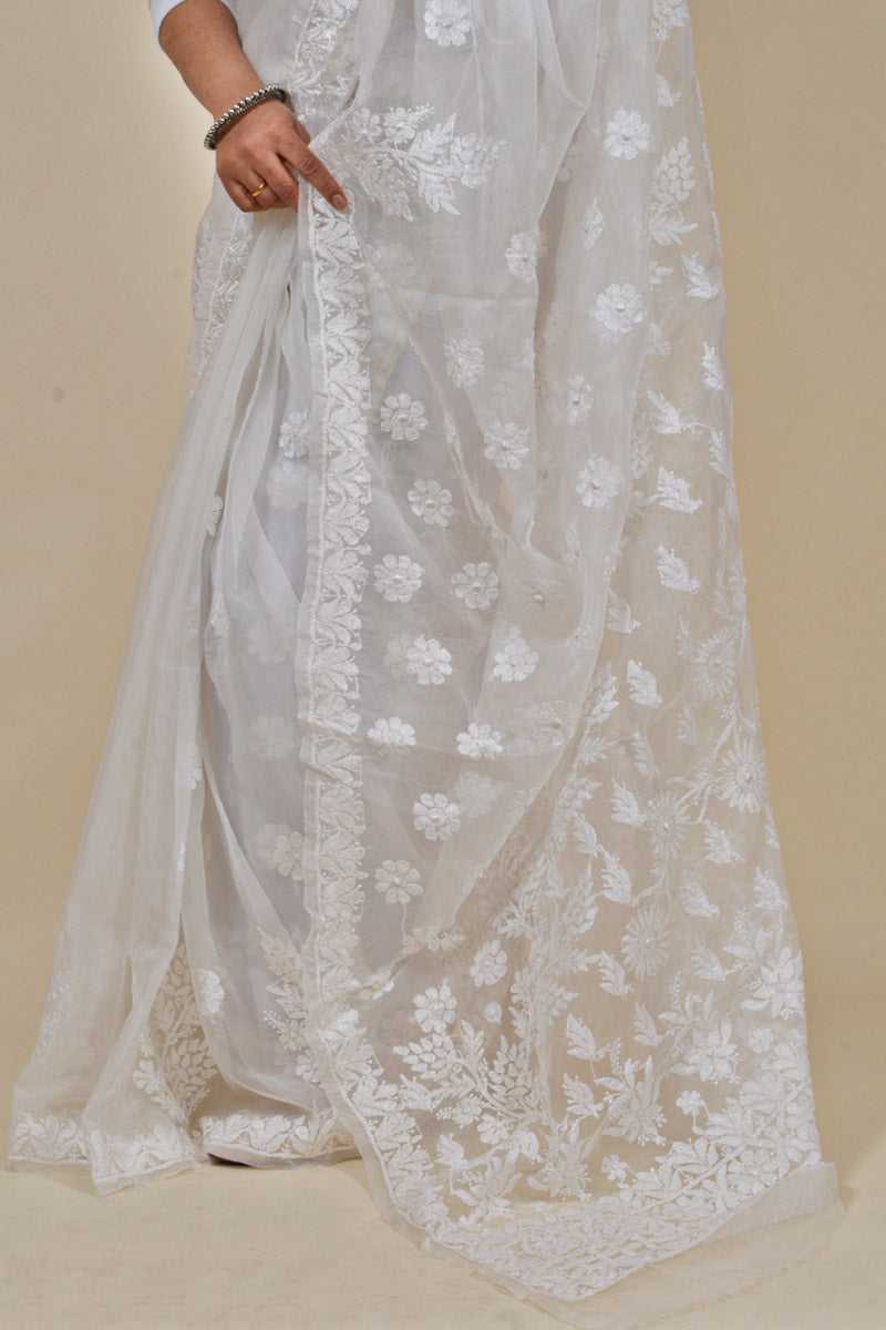 White Color Organza Lucknowi Chikankari Saree With Blouse