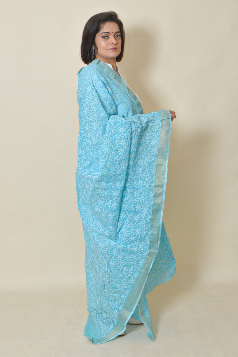 Sky Blue Color Kota Cotton Lucknowi Chikankari Dupatta