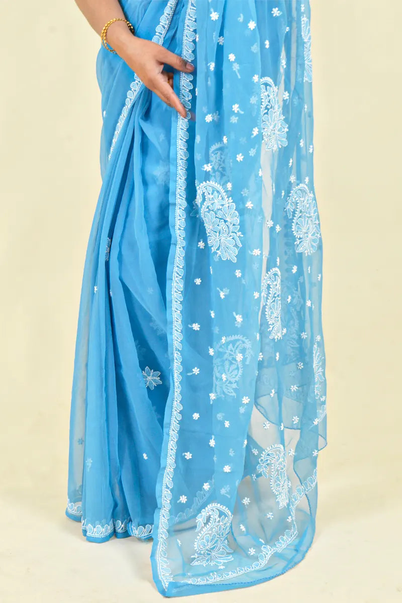 Fabnuma Handcrafted Aqua Blue Georgette Chikankari Saree-Blouse