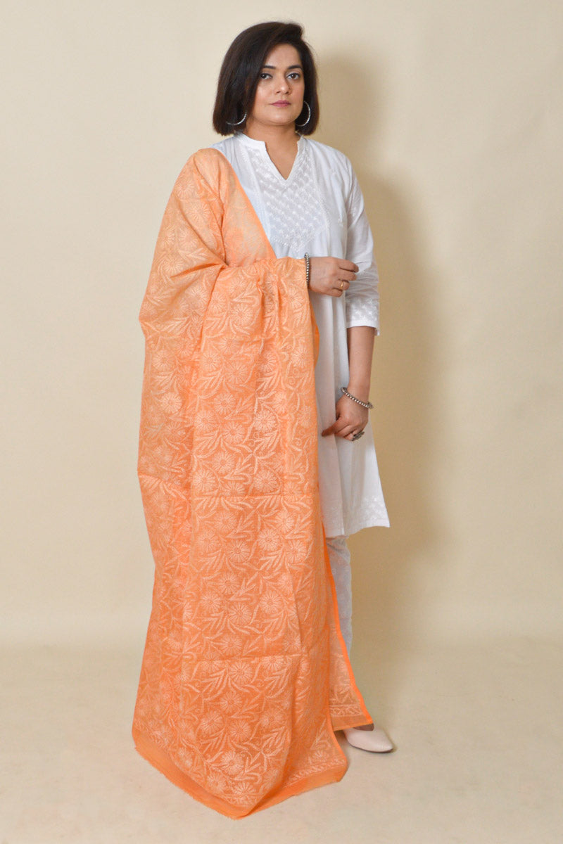 Orange color Kota cotton Allover Tepchi work  Lucknowi Chikankari Dupatta