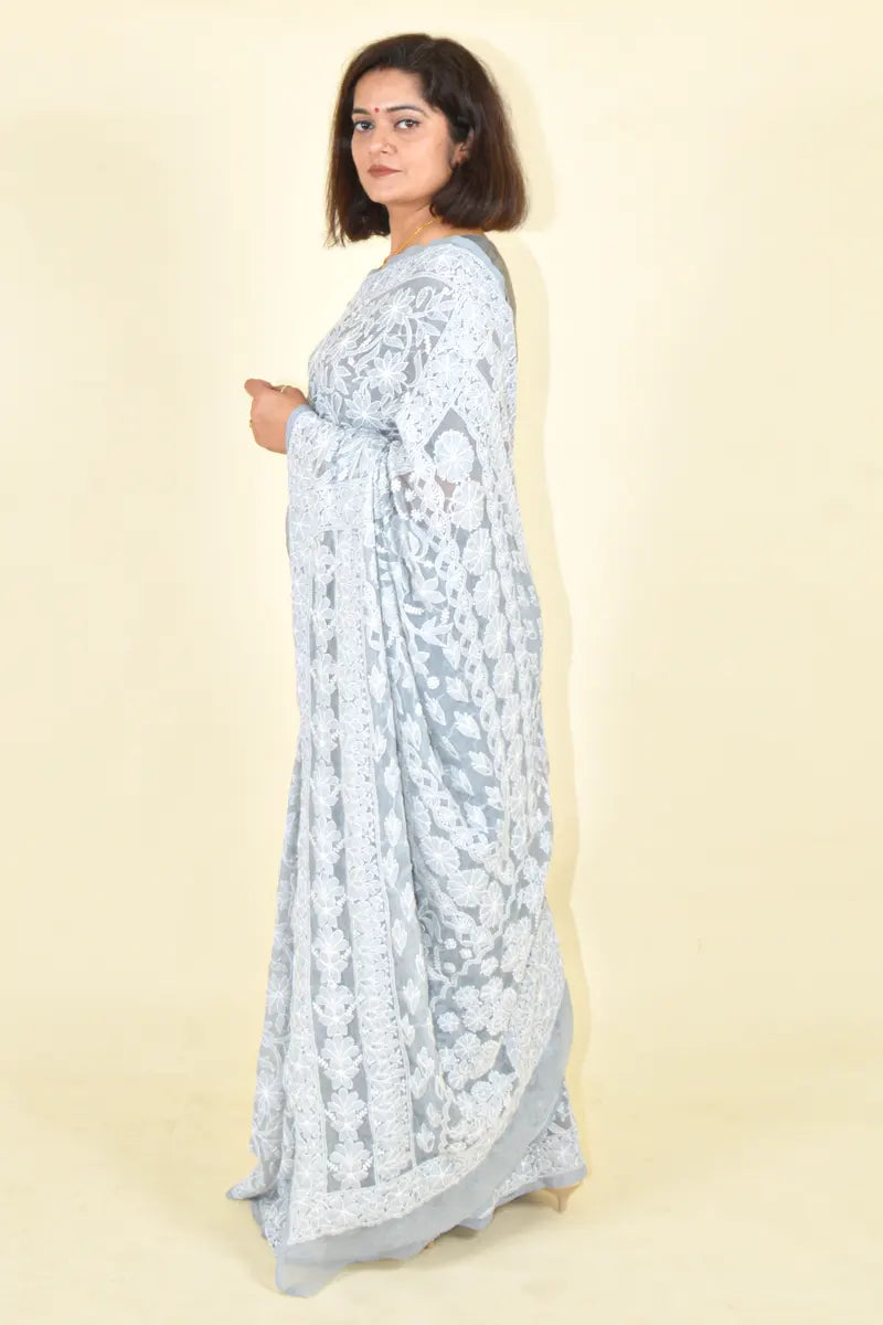 Gray Colour Georgette  Lucknowi Chikankari Saree With Blouse