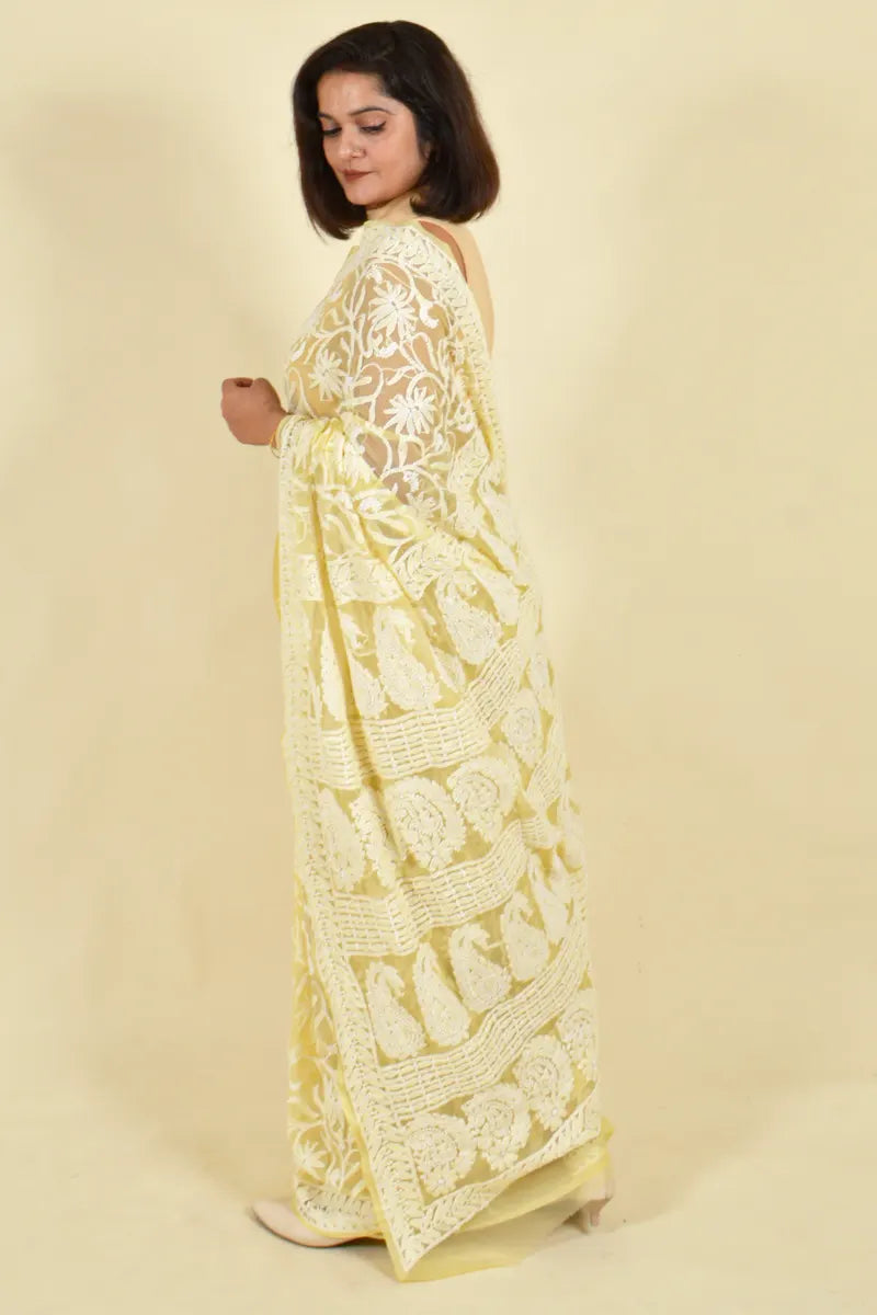 Fabnuma Handcrafted Lemon Georgette Chikankari Saree-Blouse